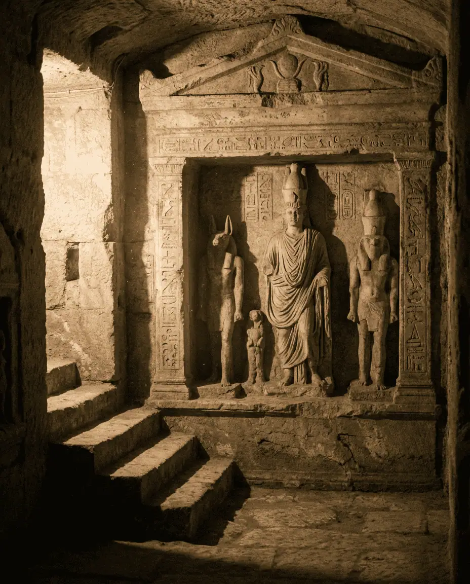 A majestic view of the Citadel of Qaitbay standing tall against a bright blue sky, with visitors walking along the causeway.