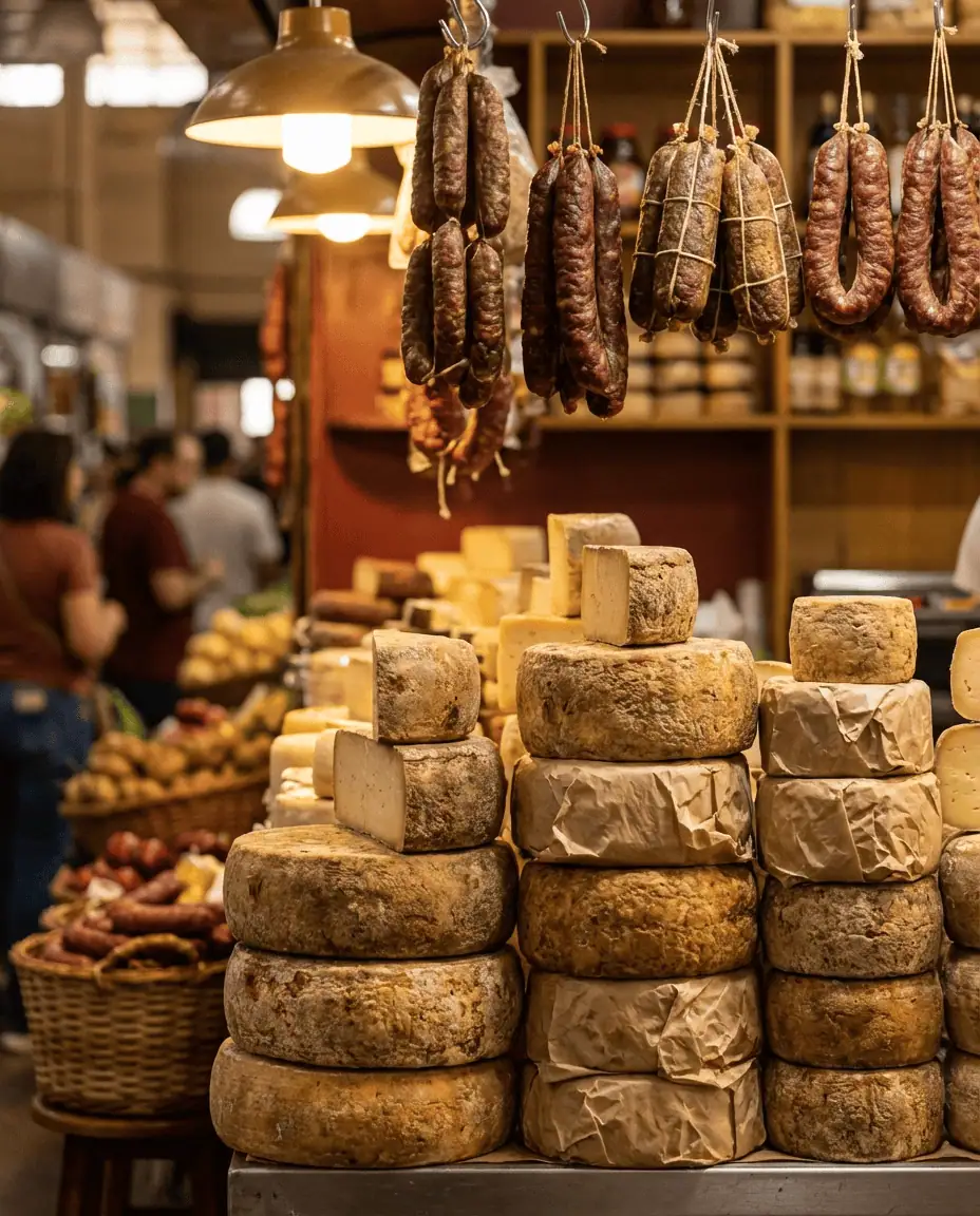 A chaotic and colorful macro shot inside the Mercado Central, featuring towering stacks of artisanal Minas cheese and hanging cured sausages.