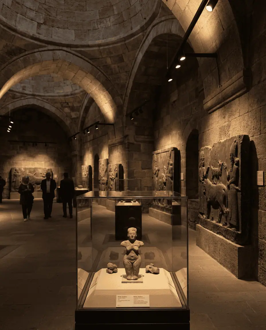 Interior view of the Museum of Anatolian Civilizations, focusing on the impressive stone Hittite reliefs and the "Mother Goddess" statue under the vaulted domes.