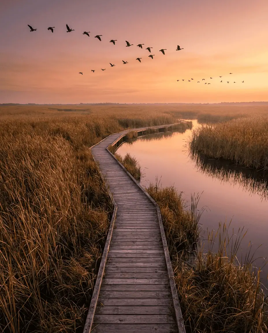 A serene landscape of the Oak Hammock Marsh wetlands, with a wooden boardwalk winding through tall reeds and migratory birds flying overhead at sunset.