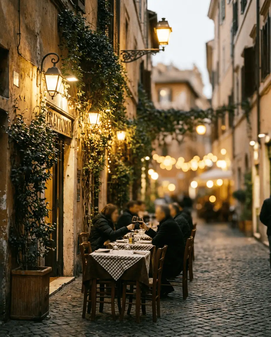 An atmospheric evening shot of a narrow Trastevere street, illuminated by warm streetlamps and covered in ivy, with diners sitting at outdoor tables