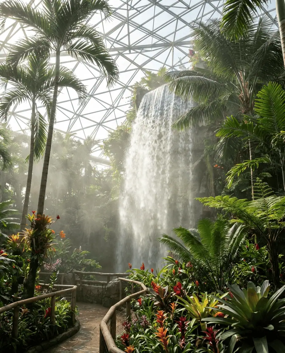 A vibrant shot inside the tropical biome at The Leaf, featuring a towering indoor waterfall surrounded by lush palms and exotic flowers.