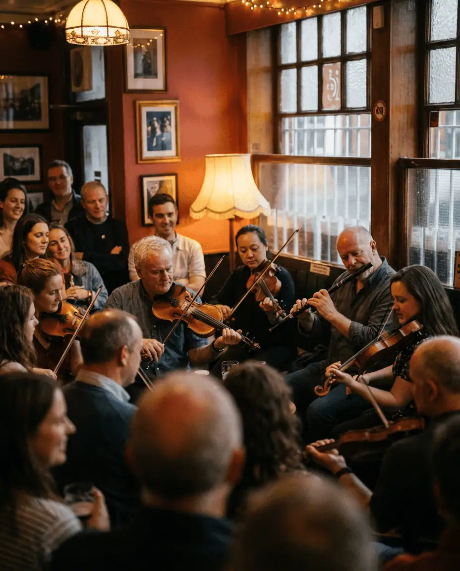 An intimate, low-light action shot of musicians playing fiddles and flutes in the corner of The Cobblestone pub, surrounded by a crowded, attentive audience.