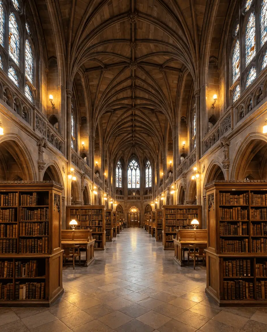 A wide, symmetrical interior shot of the Historic Reading Room in John Rylands Library, showcasing the high vaulted stone ceilings, stained glass, and antique bookshelves
