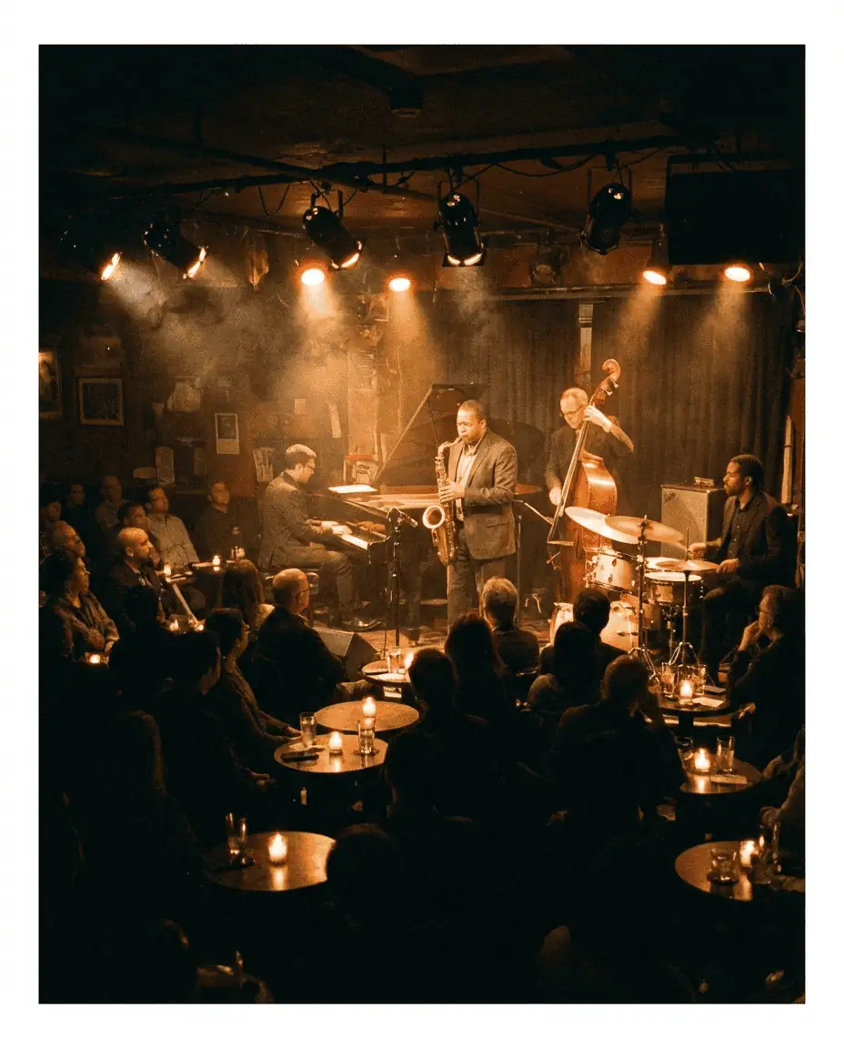 An intimate, low-light photograph inside the historic Village Vanguard jazz club, showing a quartet performing on the small stage with a rapt audience seated at small, candlelit tables.