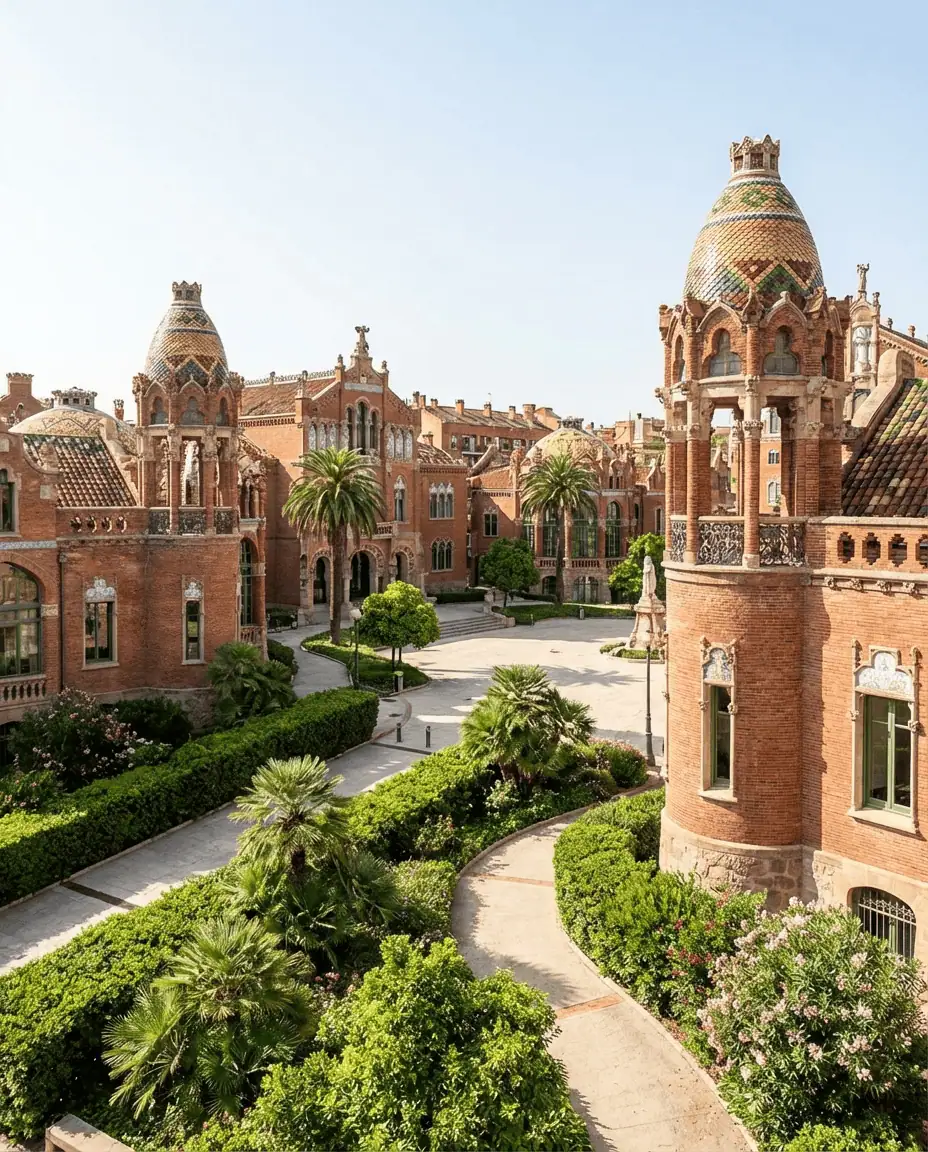 Wide shot of the red brick and colorful tiled domes of the Hospital de Sant Pau pavilions, set against lush green gardens