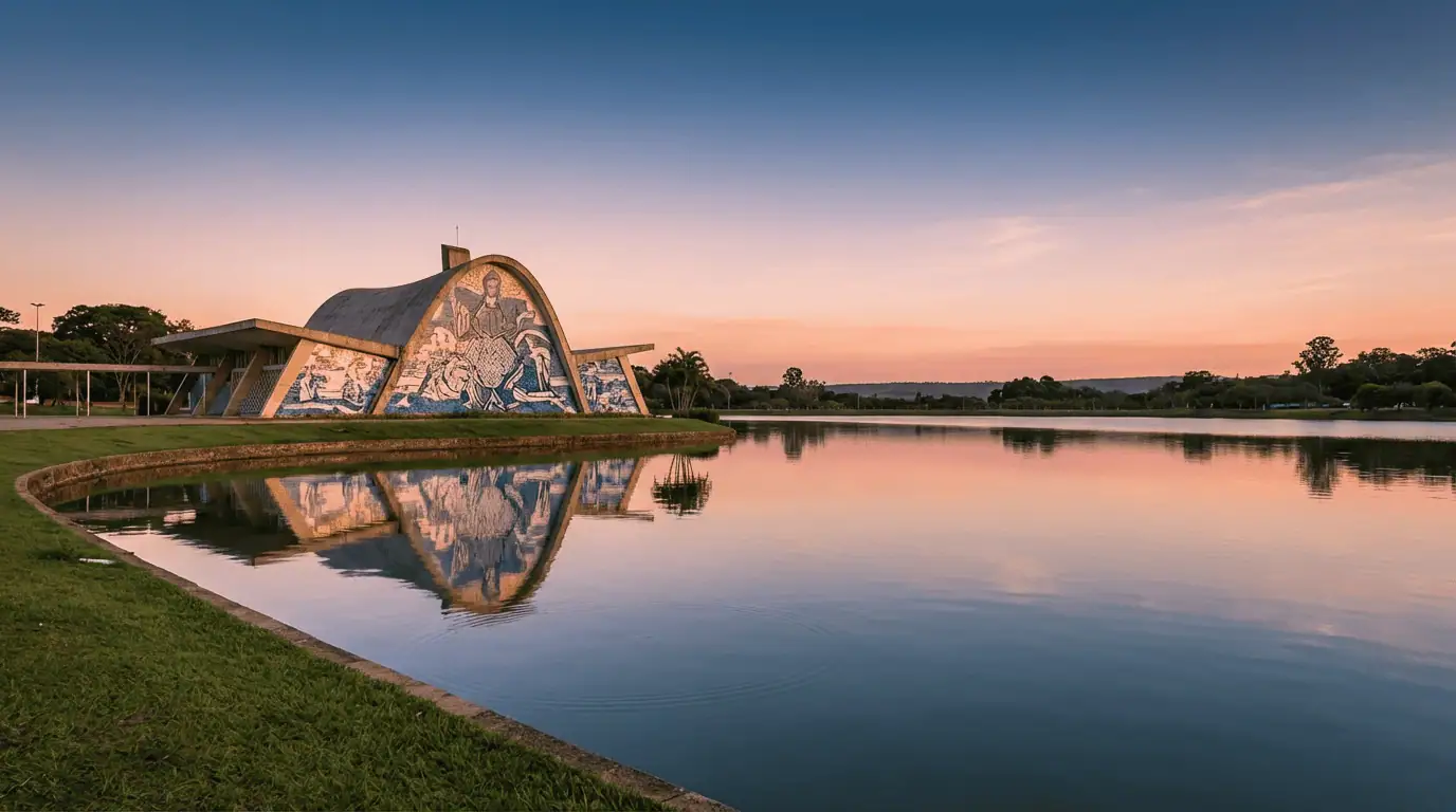 A stunning wide-angle shot of the Church of Saint Francis of Assisi in Pampulha, reflecting perfectly in the lake waters during a golden sunset, highlighting its modernist curves.