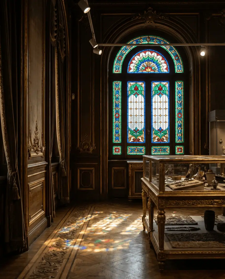 Interior detail of the Royal Jewelry Museum, showcasing the exquisite colorful stained glass windows and opulent palace decor.