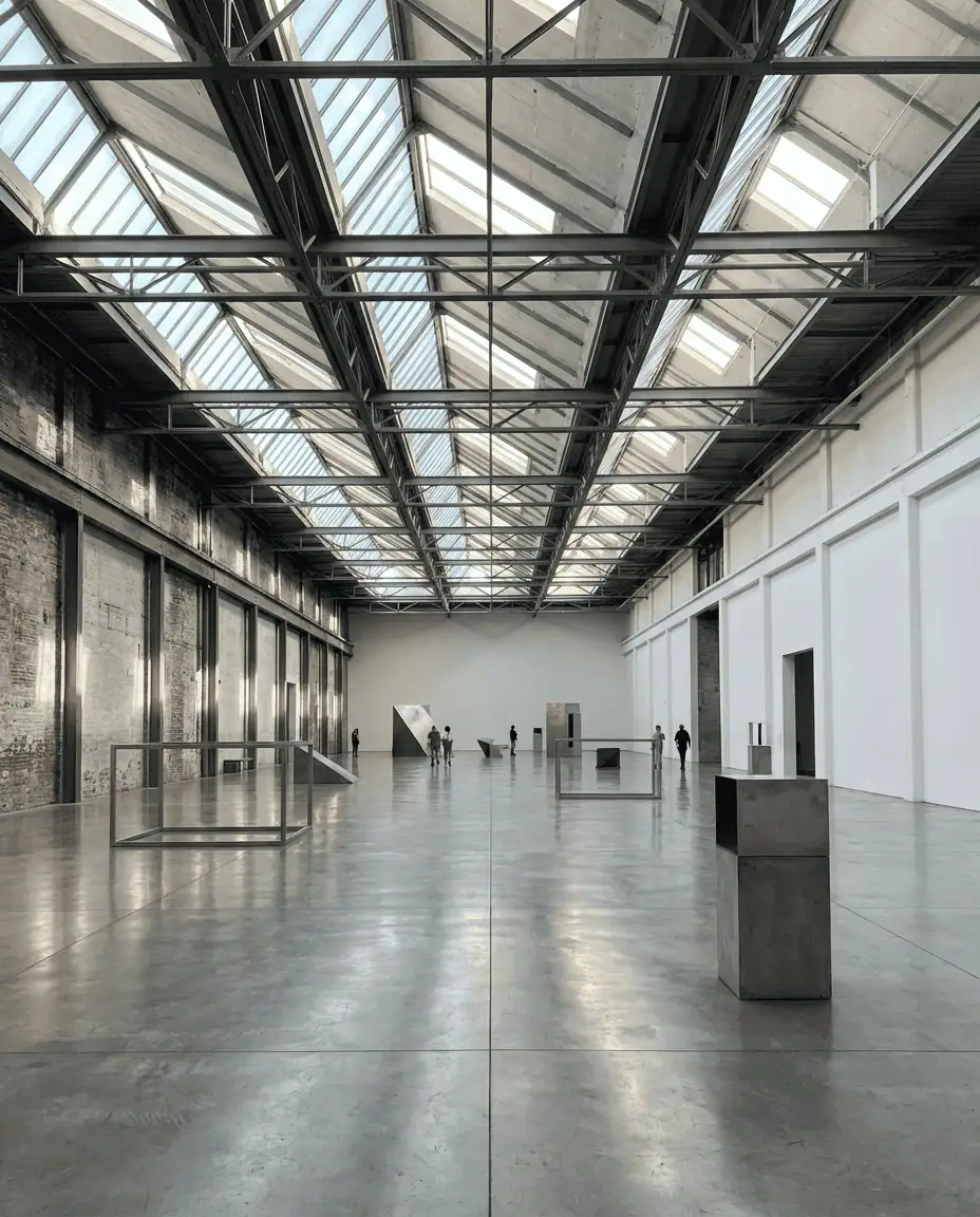A wide interior shot of the Dia:Beacon museum, showcasing large-scale minimalist art installations within a vast, naturally lit former printing factory space.