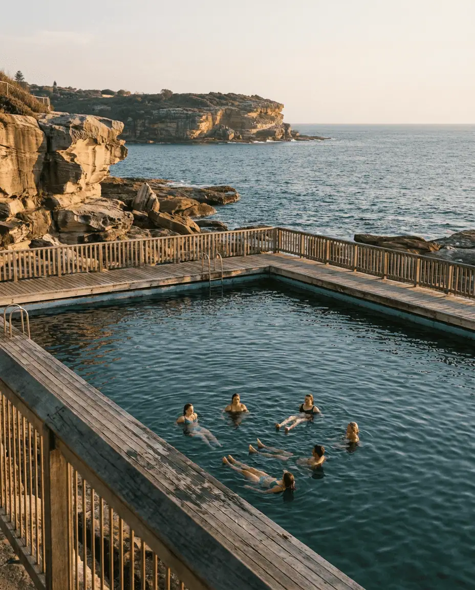 A relaxing scene at Wylie's Baths in Coogee, showing swimmers floating in the calm tidal pool surrounded by historic wooden decking and rocky cliffs.