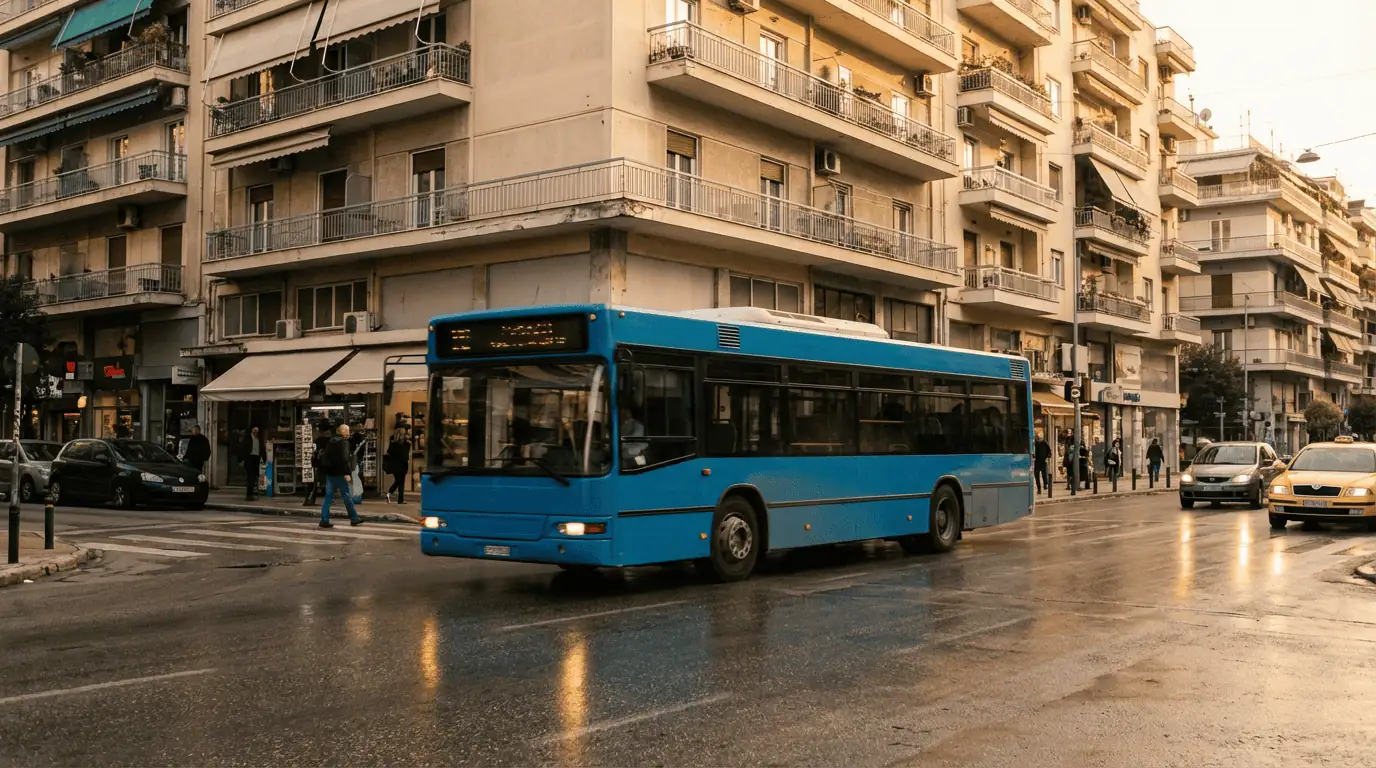 A blue OASTH public bus driving through the city streets, a key mode of local transport