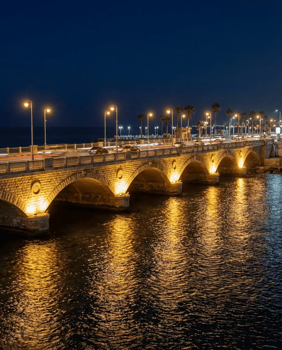 A vibrant night shot of the Stanley Bridge illuminated with warm lights, reflecting over the water with cars passing by.