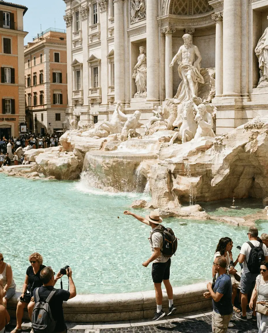 A vibrant shot of the Trevi Fountain with turquoise water, capturing the motion of a visitor tossing a coin over their shoulder
