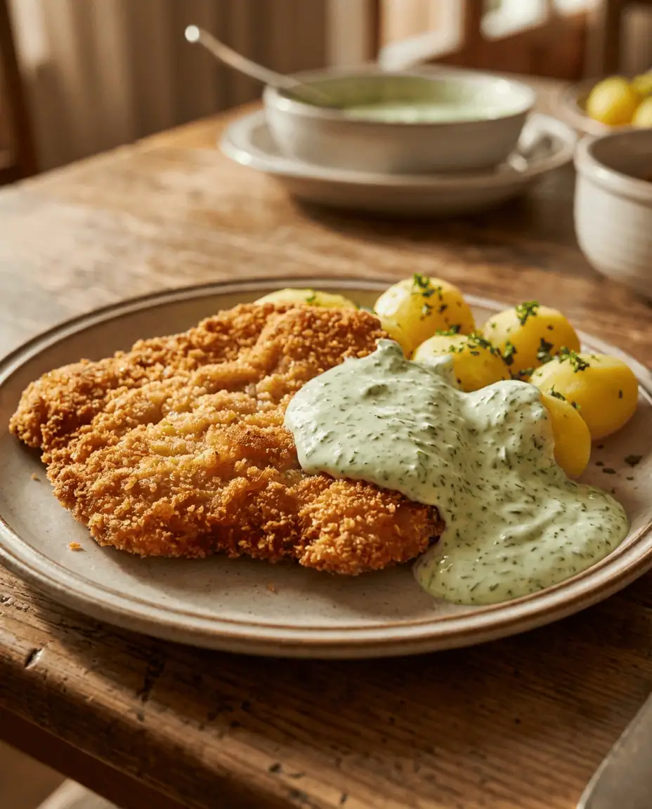 A close-up food photography shot of a crispy Frankfurter Schnitzel served with boiled potatoes and a generous helping of the famous cold, creamy Green Sauce.