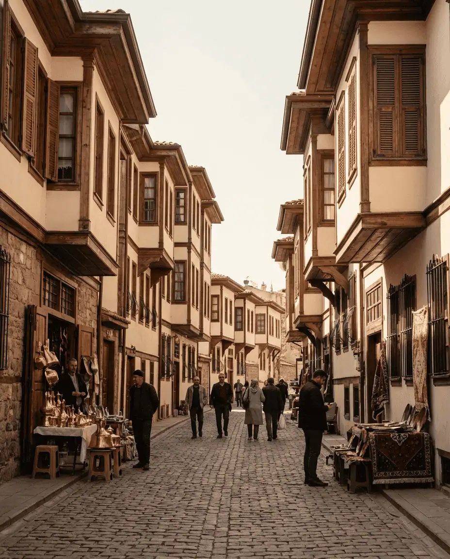 A vertical shot of a narrow cobblestone street inside the Ankara Citadel, lined with restored Ottoman timber houses and local vendors selling copperware and carpets.