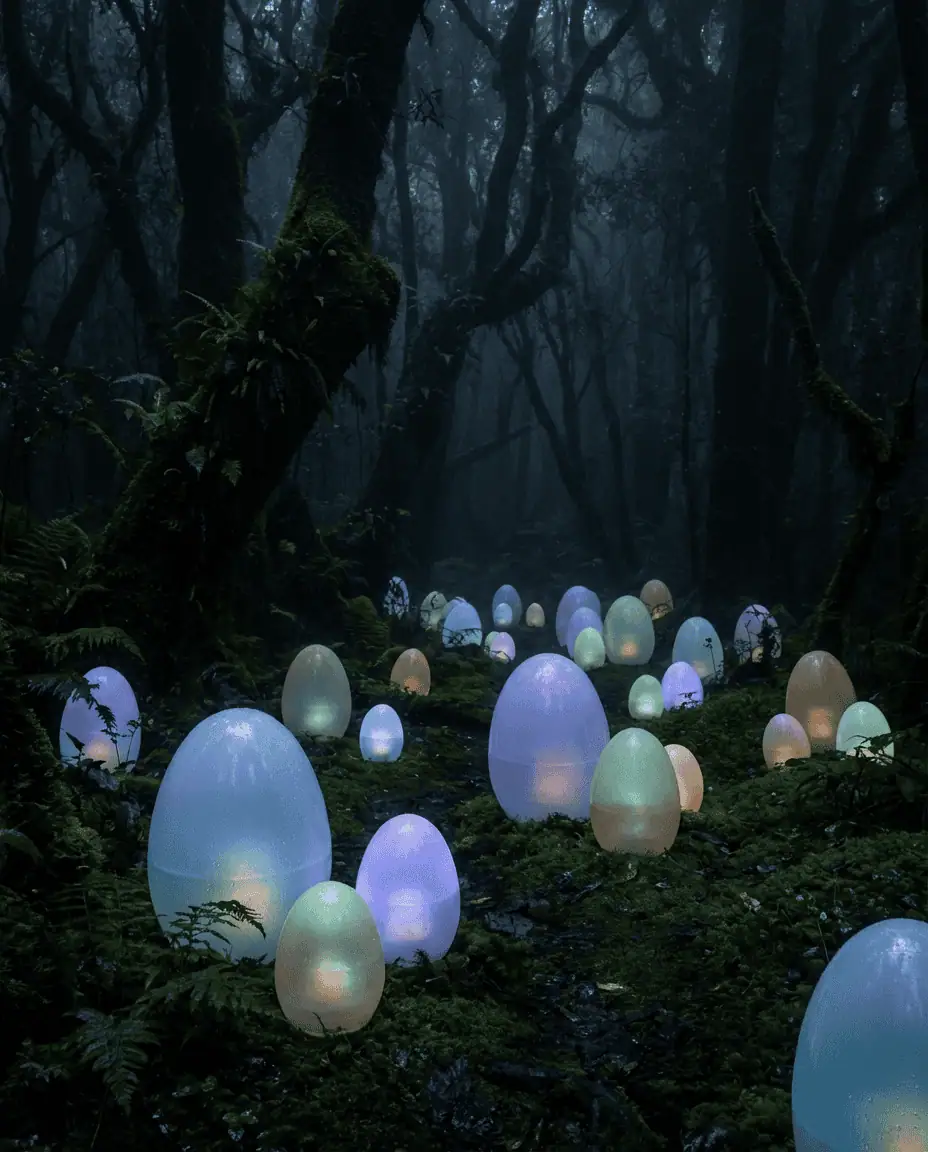 A magical night scene at teamLab Botanical Gardens, showing the "Resonating Microcosms" exhibit with glowing, egg-shaped sculptures scattered across a dark, mossy forest floor.