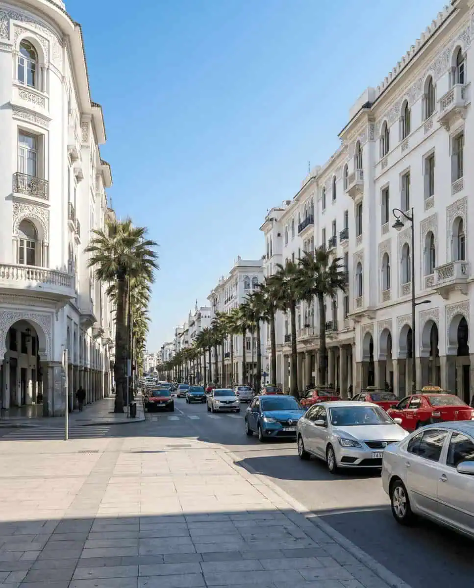 A perspective shot looking up at the ornate white facades of Mauresque style buildings along Boulevard Mohammed V, blending French colonial and Moroccan design elements.