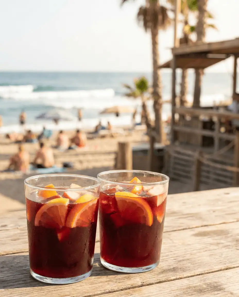 A relaxed scene at a Barceloneta beach bar (chiringuito), with glasses of sangria in the foreground and the Mediterranean waves blurring in the background