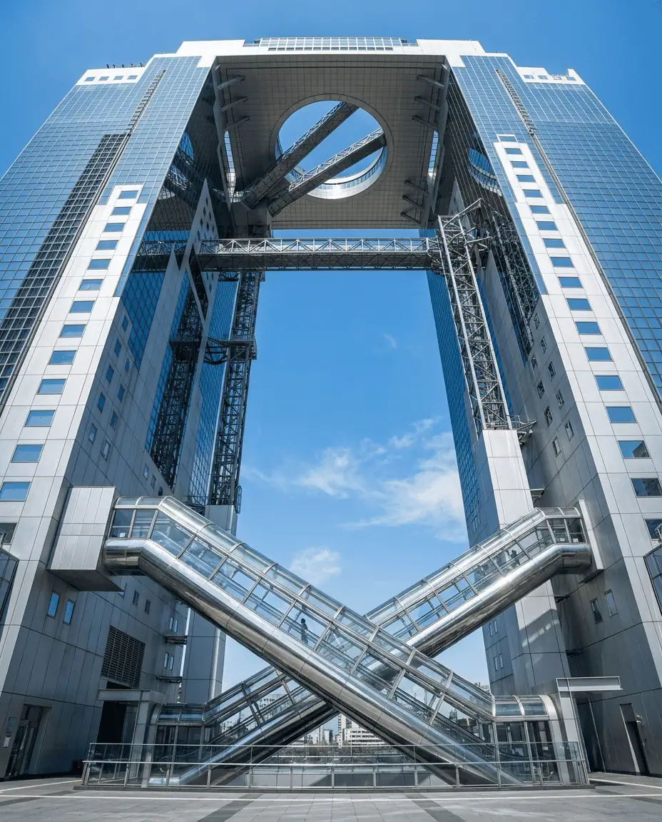 A futuristic, upward-looking shot of the "floating" escalators at the Umeda Sky Building, crossing the open air between the two towers against a bright blue sky.