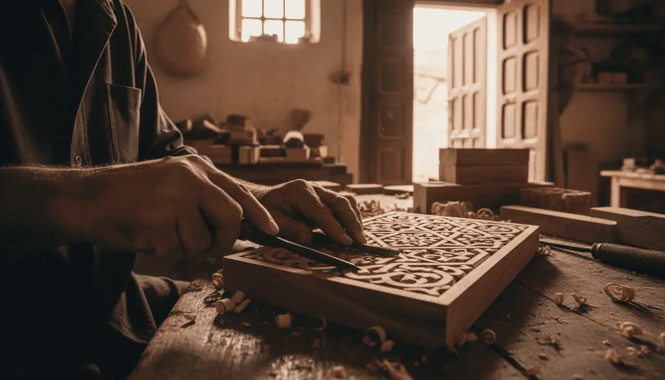 A local artisan carving intricate designs into Thuya wood in a medina workshop