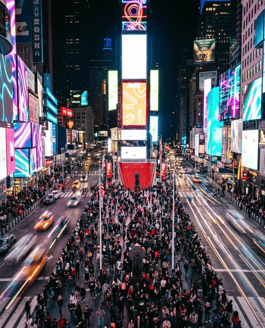 A vibrant, wide-angle shot of Times Square packed with crowds, illuminated by massive digital billboards and the red steps of the TKTS booth.
