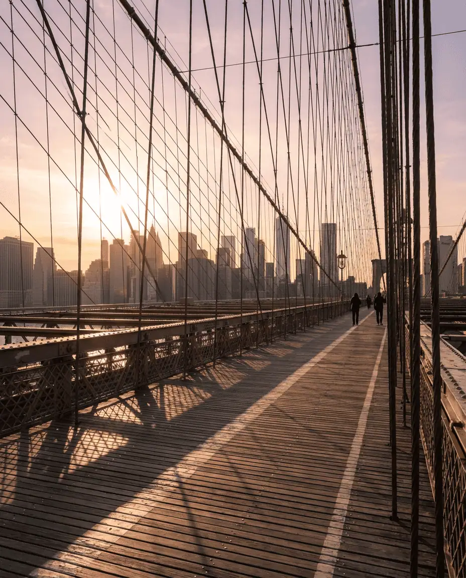 An atmospheric shot of the Brooklyn Bridge wooden walkway at sunset, with the suspension cables creating a geometric web against the Manhattan skyline