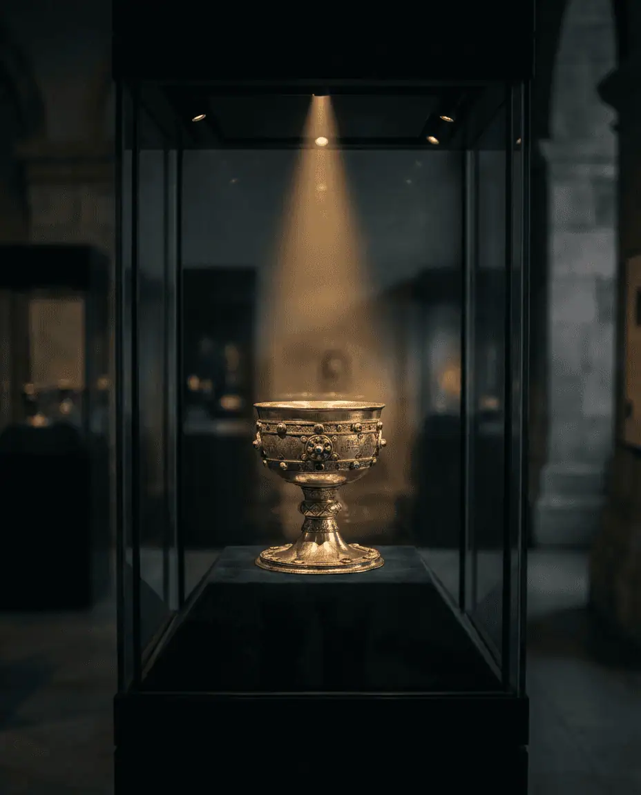 A dimly lit display case in the National Museum of Ireland, illuminating the intricate gold filigree of the Ardagh Chalice against a dark background, highlighting ancient Celtic craftsmanship.