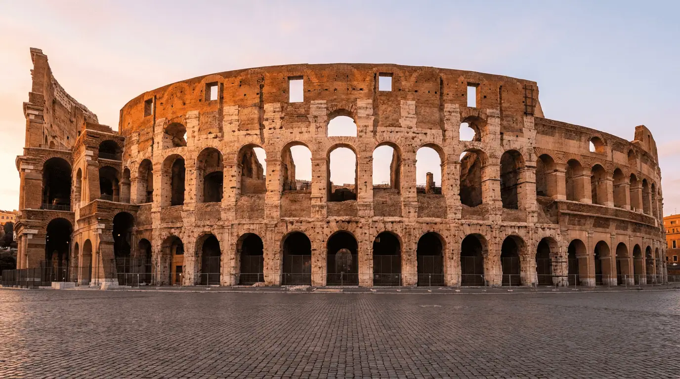 A majestic, wide-angle shot of the Colosseum at sunrise, with the golden light illuminating the ancient stone arches and a cobblestone street in the foreground free of crowds.