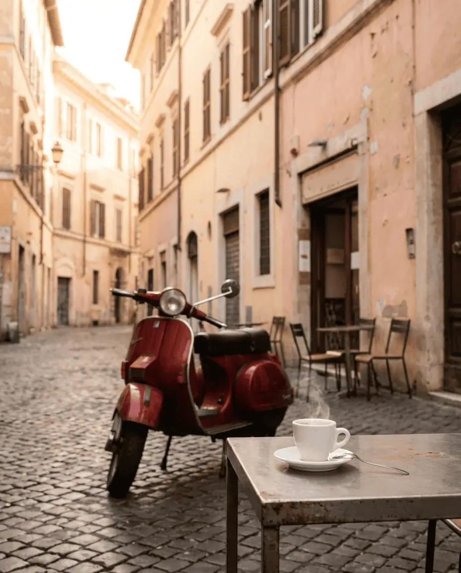 A classic Roman street scene featuring a vintage red Vespa parked on cobblestones outside a cafe, with steam rising from a fresh espresso on an outdoor table