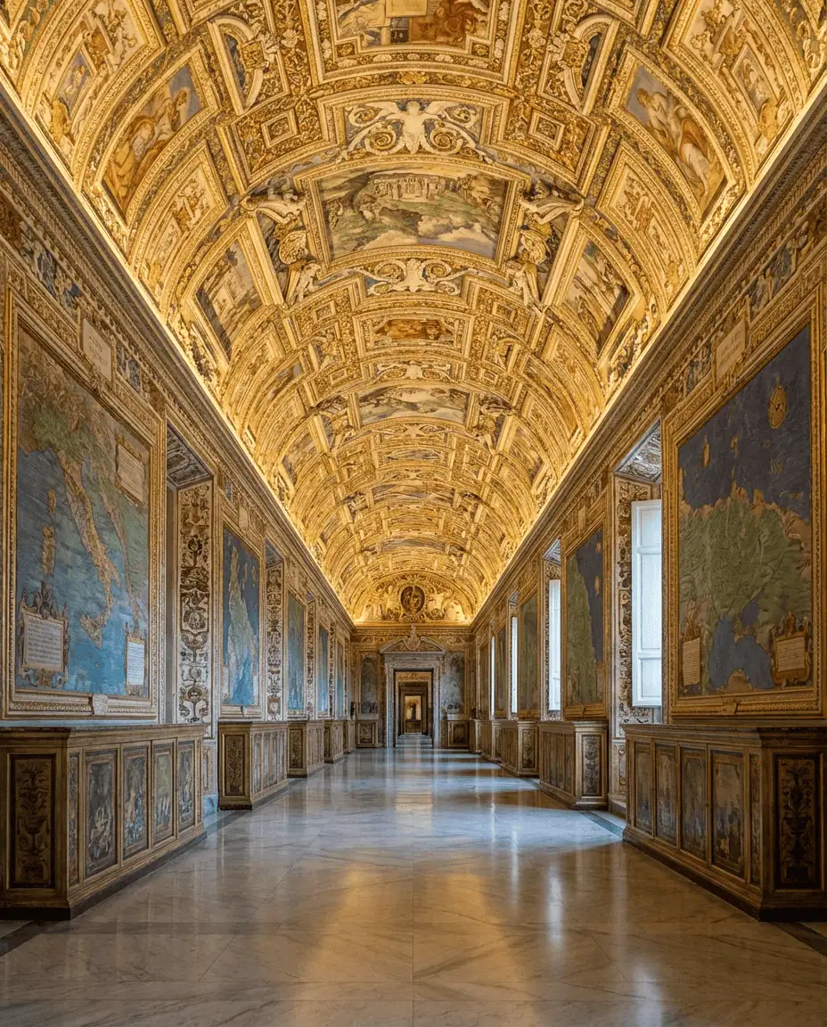 A symmetrical perspective of the Gallery of Maps in the Vatican Museums, highlighting the stunning gold-leaf ceiling and the vibrant topographical frescoes