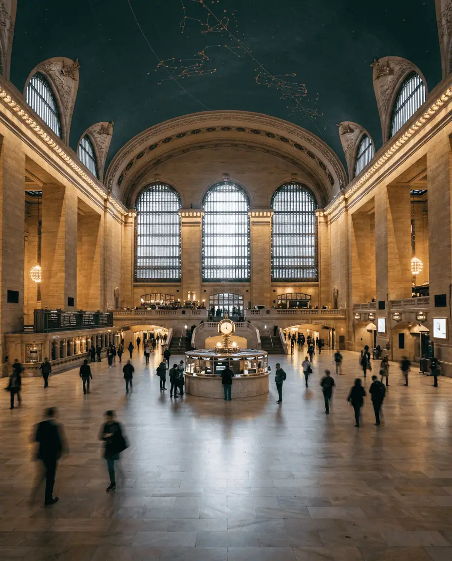 A wide, symmetrical interior shot of the Main Concourse at Grand Central Terminal, capturing the famous clock, the starry ceiling, and the bustle of commuters.