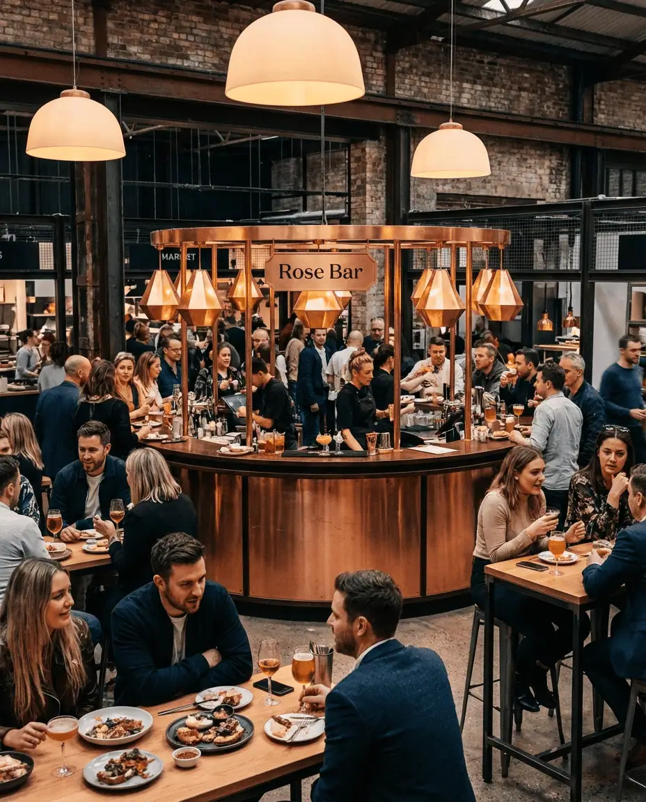 A stylish, modern interior shot of Hargrave Street Market, featuring the central Rose Bar with its copper accents and lively crowd enjoying cocktails and gourmet food.
