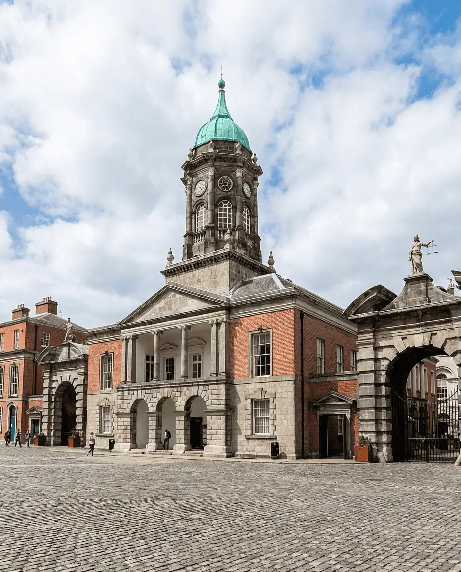 A bright exterior shot of the Dublin Castle courtyard, highlighting the contrast between the medieval stone tower and the colorful Georgian palace buildings.
