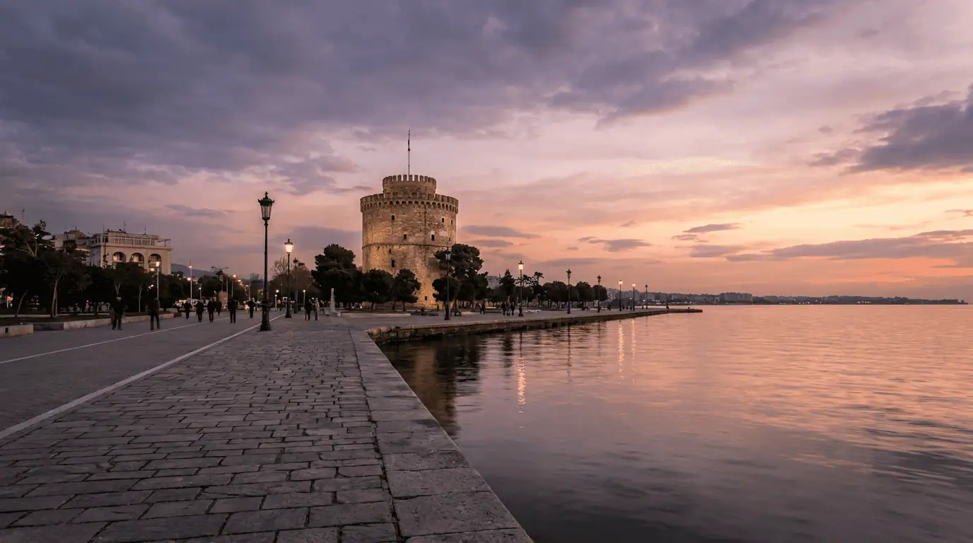 The iconic White Tower of Thessaloniki glowing during a purple sunset on the waterfront promenade