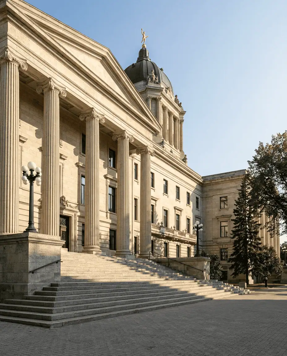 A majestic low-angle shot of the Manitoba Legislative Building, showcasing its neoclassical limestone columns and the iconic "Golden Boy" statue shining atop the dome against a blue sky.