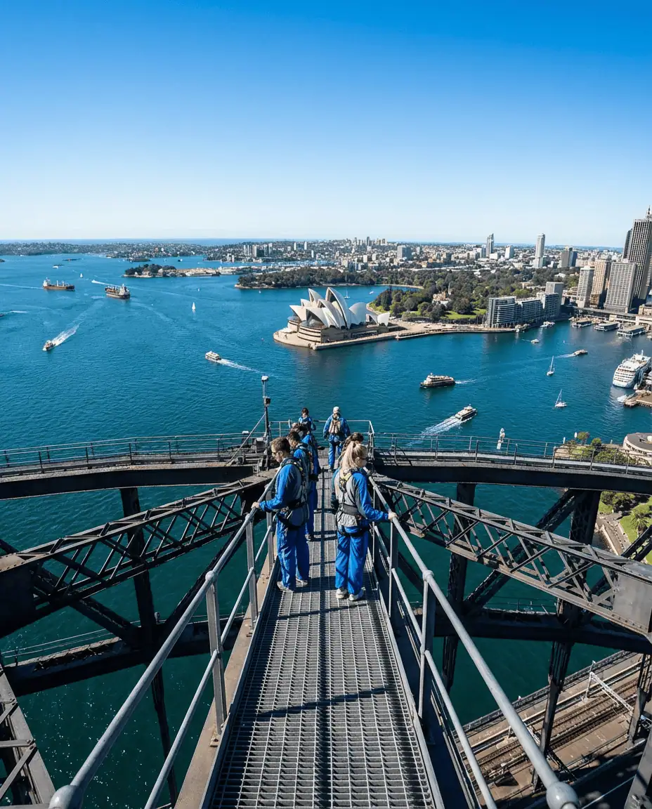 A high-angle shot of climbers in blue suits standing at the very summit of the Sydney Harbour Bridge, with a panoramic view of the Opera House and city skyline below.