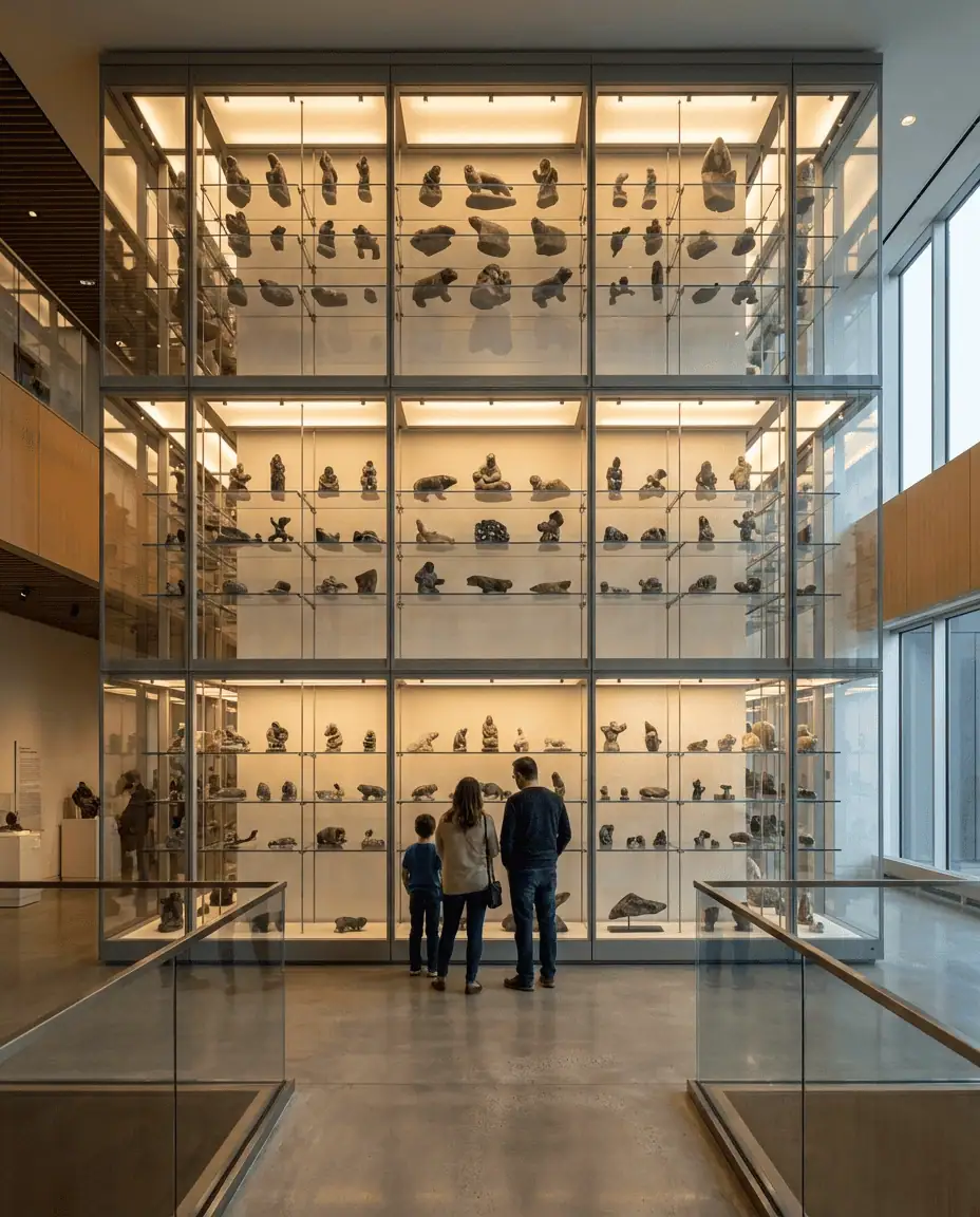 A stunning view of the "Visible Vault" at WAG-Qaumajuq, a three-story glass display case filled with thousands of Inuit stone carvings.