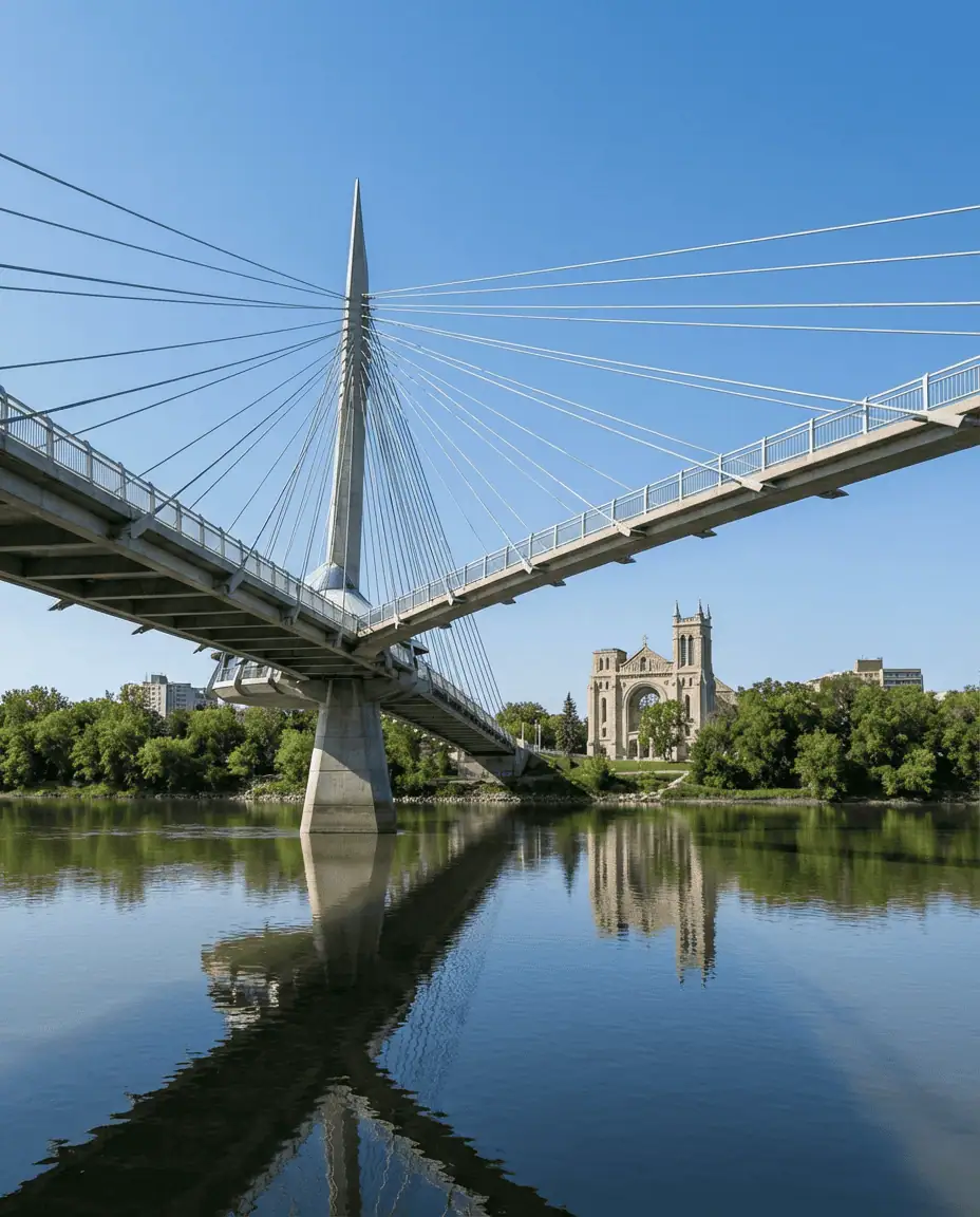 A wide-angle shot of the Esplanade Riel pedestrian bridge spanning the river, leading towards the twin turrets of the Saint Boniface Cathedral ruins.