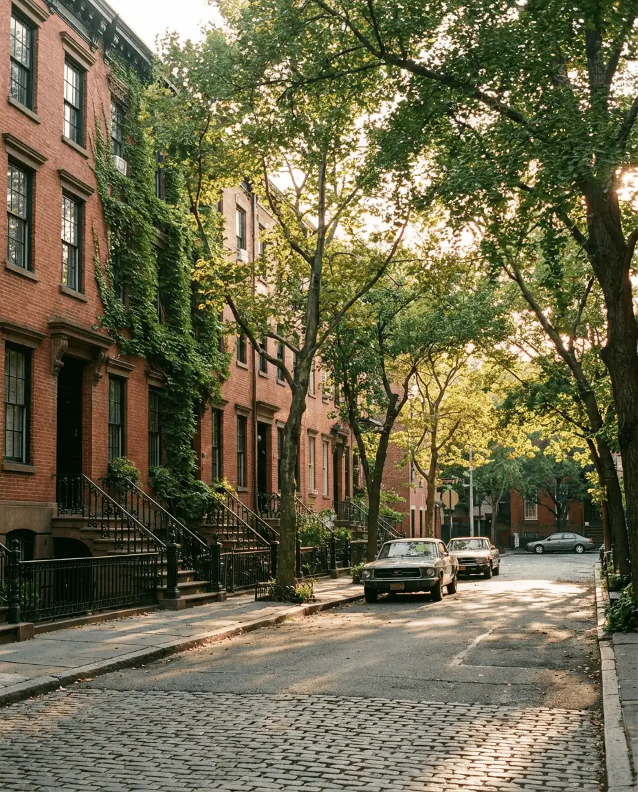 A charming, tree-lined street in the West Village, featuring historic red brick brownstones with ivy climbing the walls and stoops basking in afternoon light