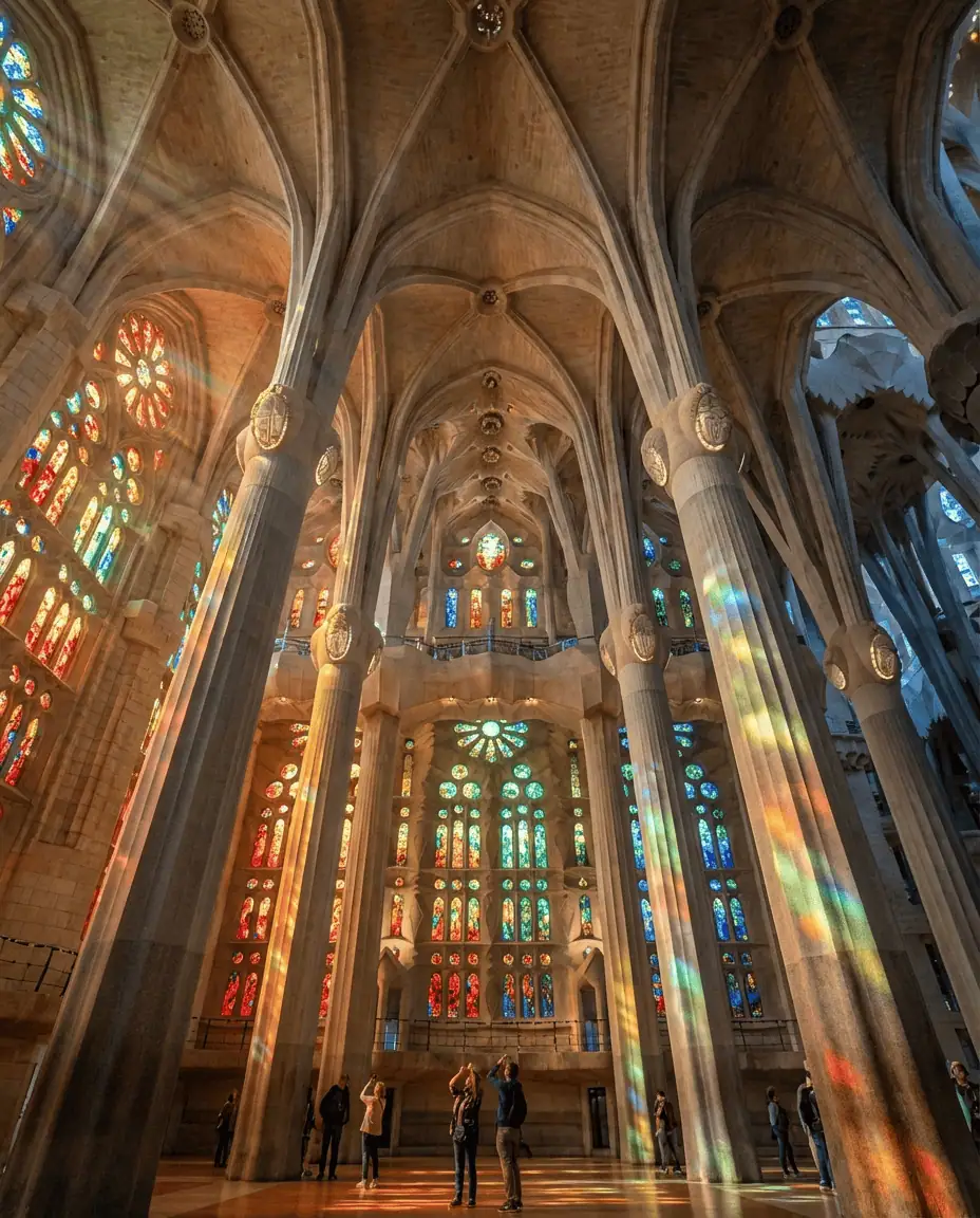 Low-angle shot of the Sagrada Família nave, capturing the "forest" of columns and the vibrant rainbow light streaming through the stained glass windows