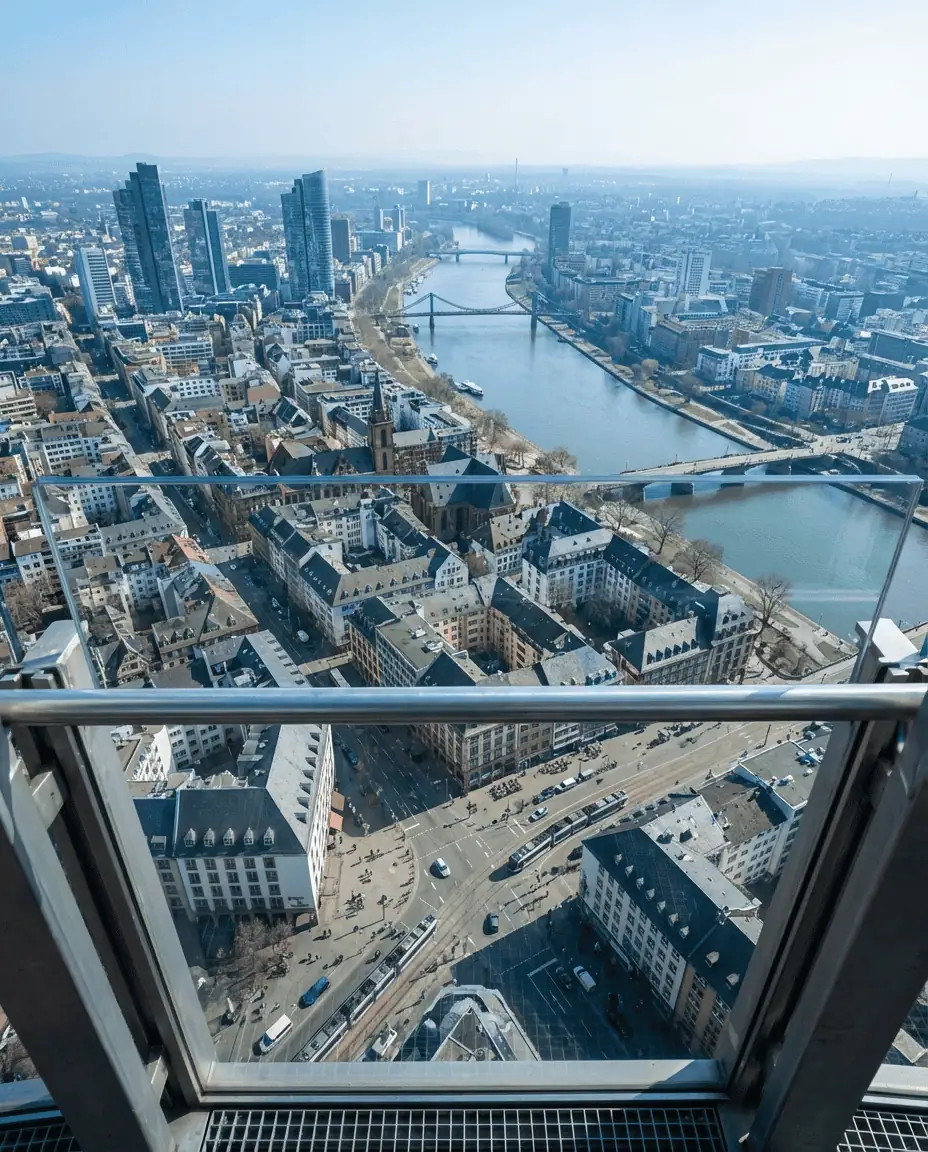 A breathtaking high-angle view from the Main Tower observation deck, looking down on the city streets and the winding Main River far below.
