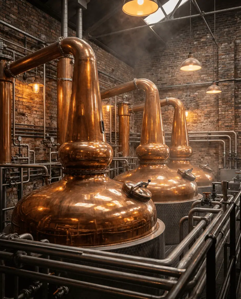 An industrial interior shot of the Teeling Whiskey Distillery, featuring three massive, gleaming copper pot stills standing tall against a rugged brick wall in The Liberties.