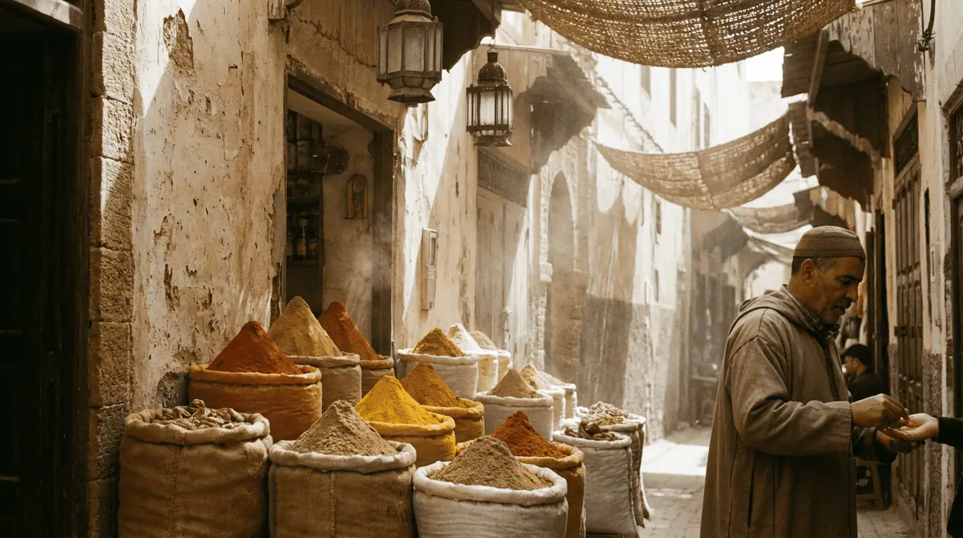 Colorful spice sacks piled high in a narrow street of the Essaouira souk.