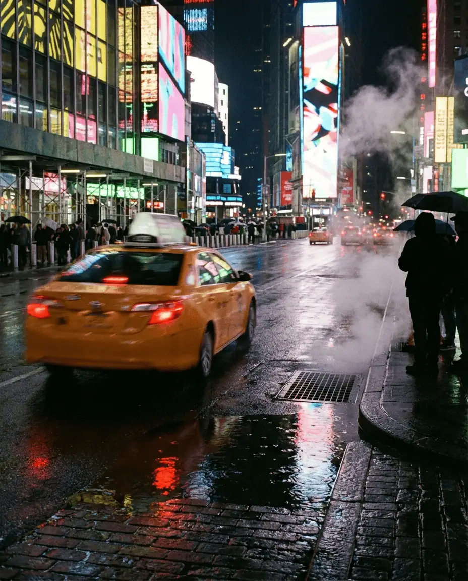 A dynamic street-level shot of a yellow taxi speeding through a rainy Times Square at night, with neon lights reflecting on the wet asphalt and steam rising from a manhole.