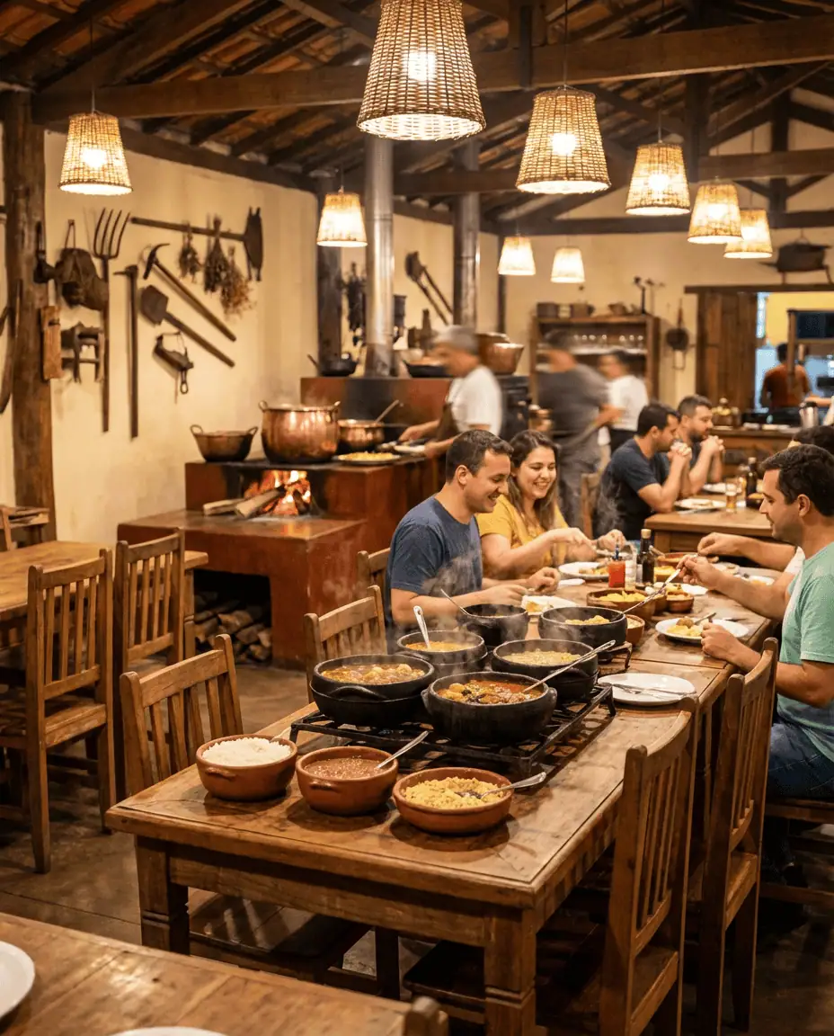 The warm, rustic interior of Xapuri restaurant, with wood-burning stoves in the background and a table laden with traditional iron pots of stew.