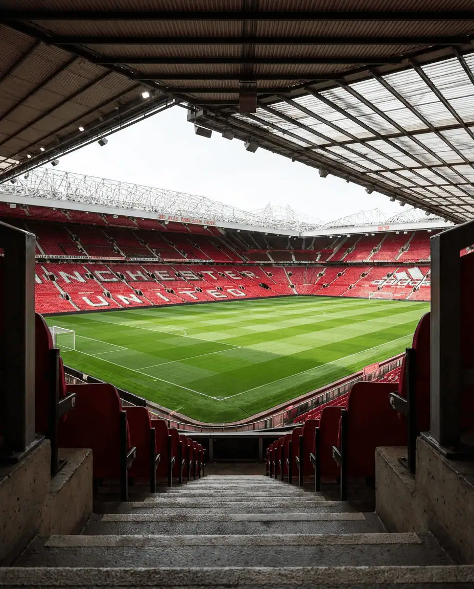 A dramatic view from the stands of Old Trafford stadium, looking down at the perfectly manicured green pitch with the red seating of the Sir Alex Ferguson Stand in the background