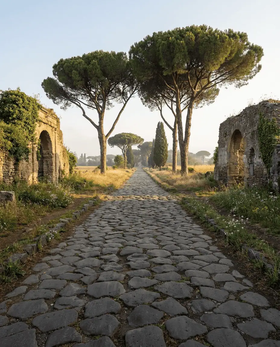 A peaceful landscape of the Appian Way (Appia Antica), lined with ancient umbrella pine trees and Roman basalt paving stones.