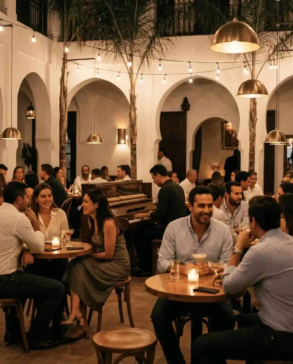 An atmospheric, warm-lit interior shot of Rick's Café, featuring the central courtyard, palm trees, brass lamps, and a piano player, evoking a 1940s movie vibe.