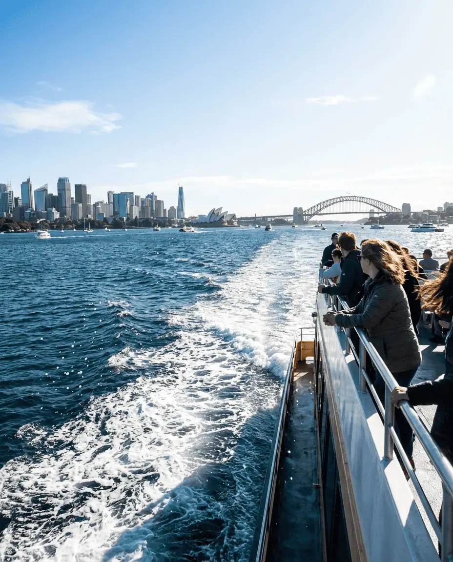 A dynamic shot taken from the deck of the Manly Ferry, looking back towards the city skyline with the boat's wake churning in the foreground.