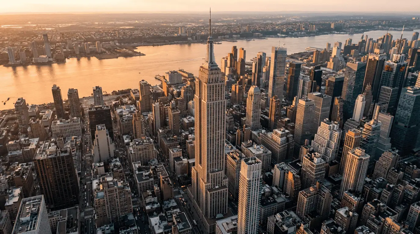A stunning aerial view of the Midtown Manhattan skyline at golden hour, with the Empire State Building standing tall among the skyscrapers and the Hudson River glowing in the background.